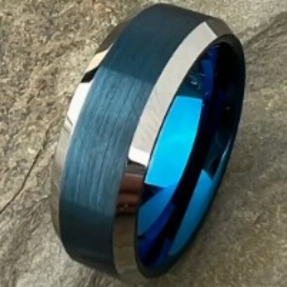 Men'S Tungsten Steel Ring With Blue Sand Finish And White Edge Size 10 - Picture 1 of 7